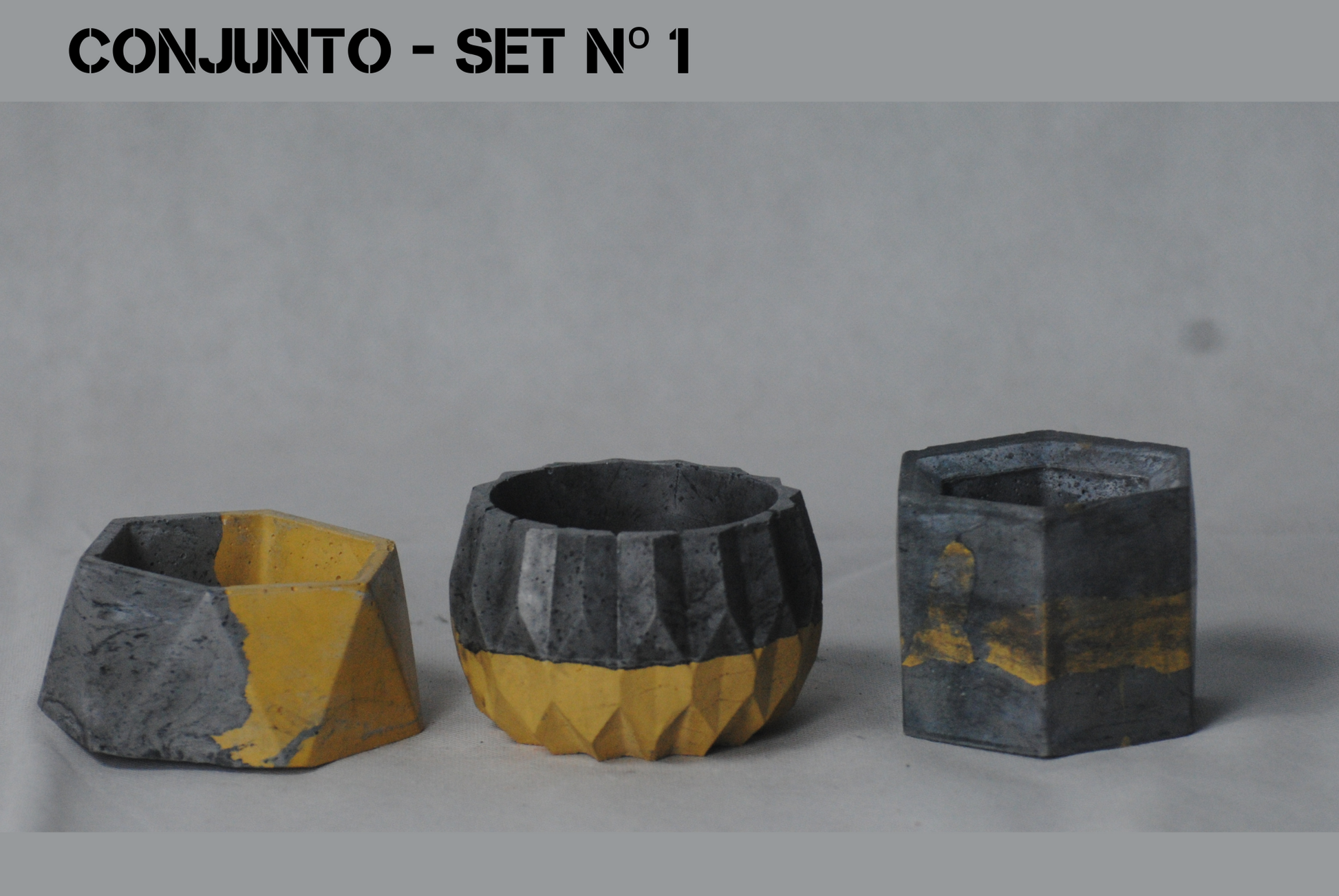 arisco® tienda de Productos de Decoración hechos en cemento. Trio de Macetas Vintage varias formas de cemento color Amarillo y Negro. Vintage Duo Conjunto 1