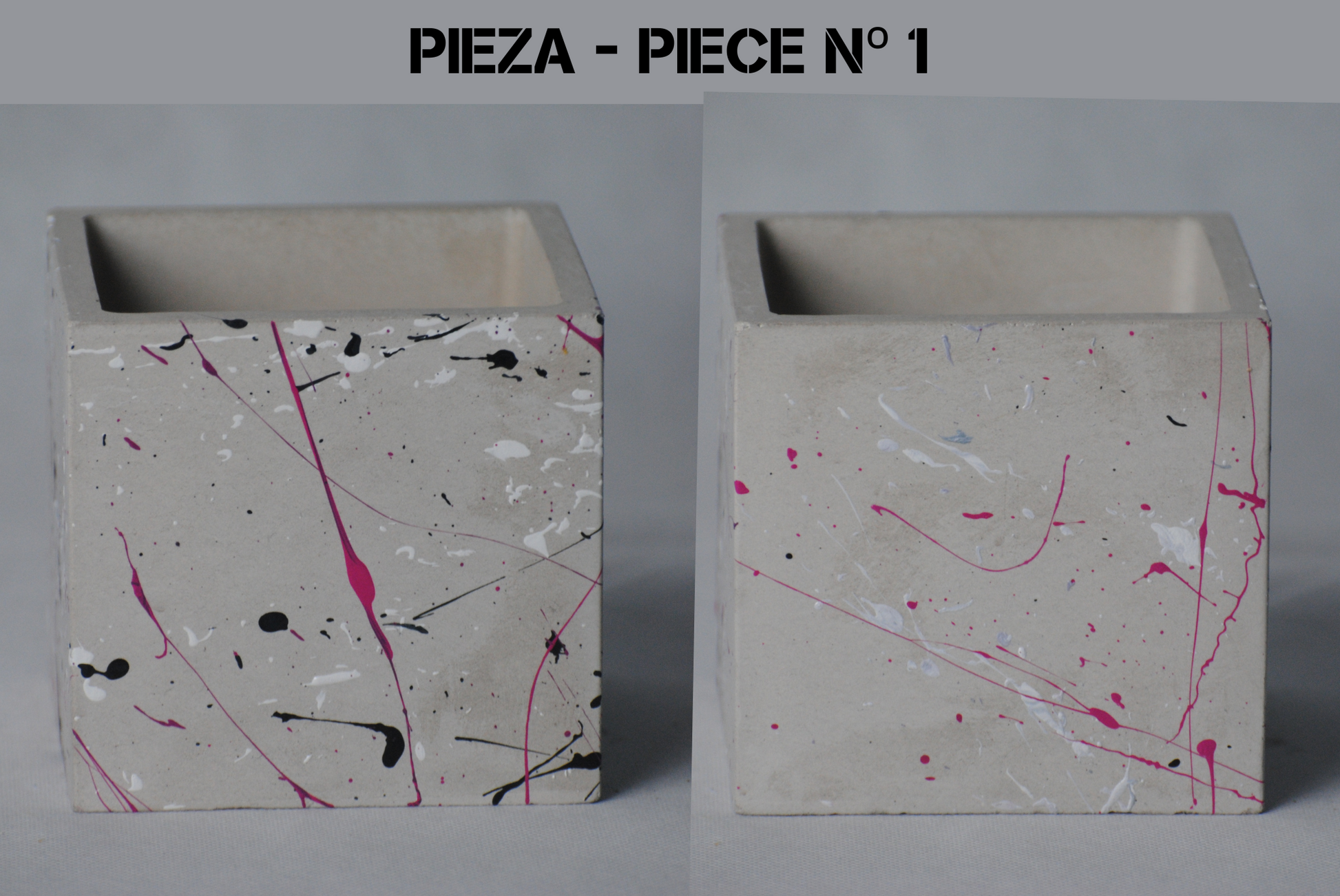 arisco® tienda de Productos de Decoración hechos en cemento. Cubre Macetas, Pieza decoración Cuadrada de Cemento. Coleccion Splash Pink. Splash Pink Pieza 1