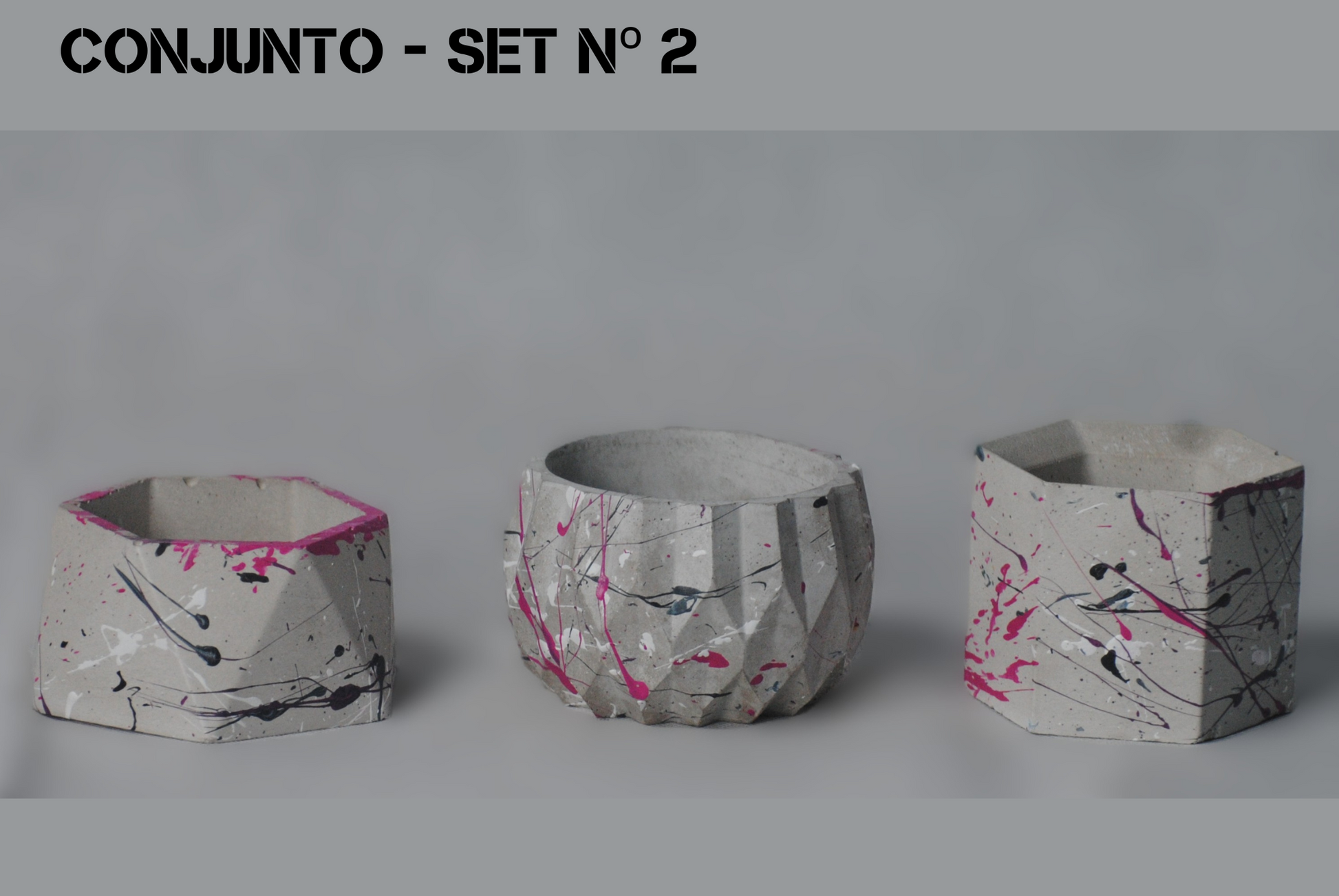arisco® tienda de Productos de Decoración hechos en cemento. Trio de Macetas pequeñas varias formas de cemento. Colección Splash Pink. Splash Pink Conjunto 2