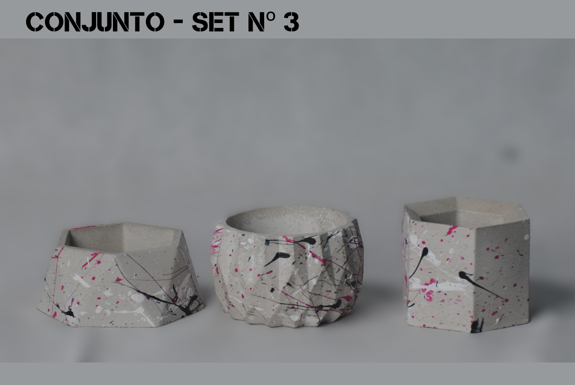 arisco® tienda de Productos de Decoración hechos en cemento. Trio de Macetas pequeñas varias formas de cemento. Colección Splash Pink. Splash Pink Conjunto 3