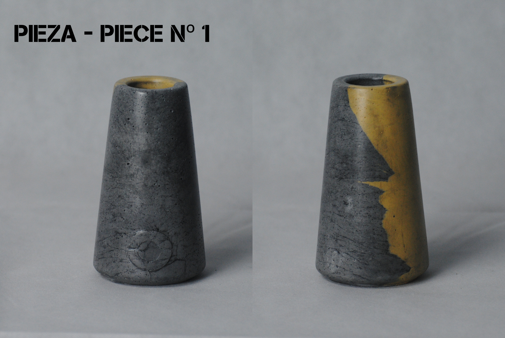 arisco® tienda de Productos de Decoración hechos en cemento. Jarrón Vintage de cemento Amarillo y Negro. Marca arisco®. Vintage Duo Pieza 1