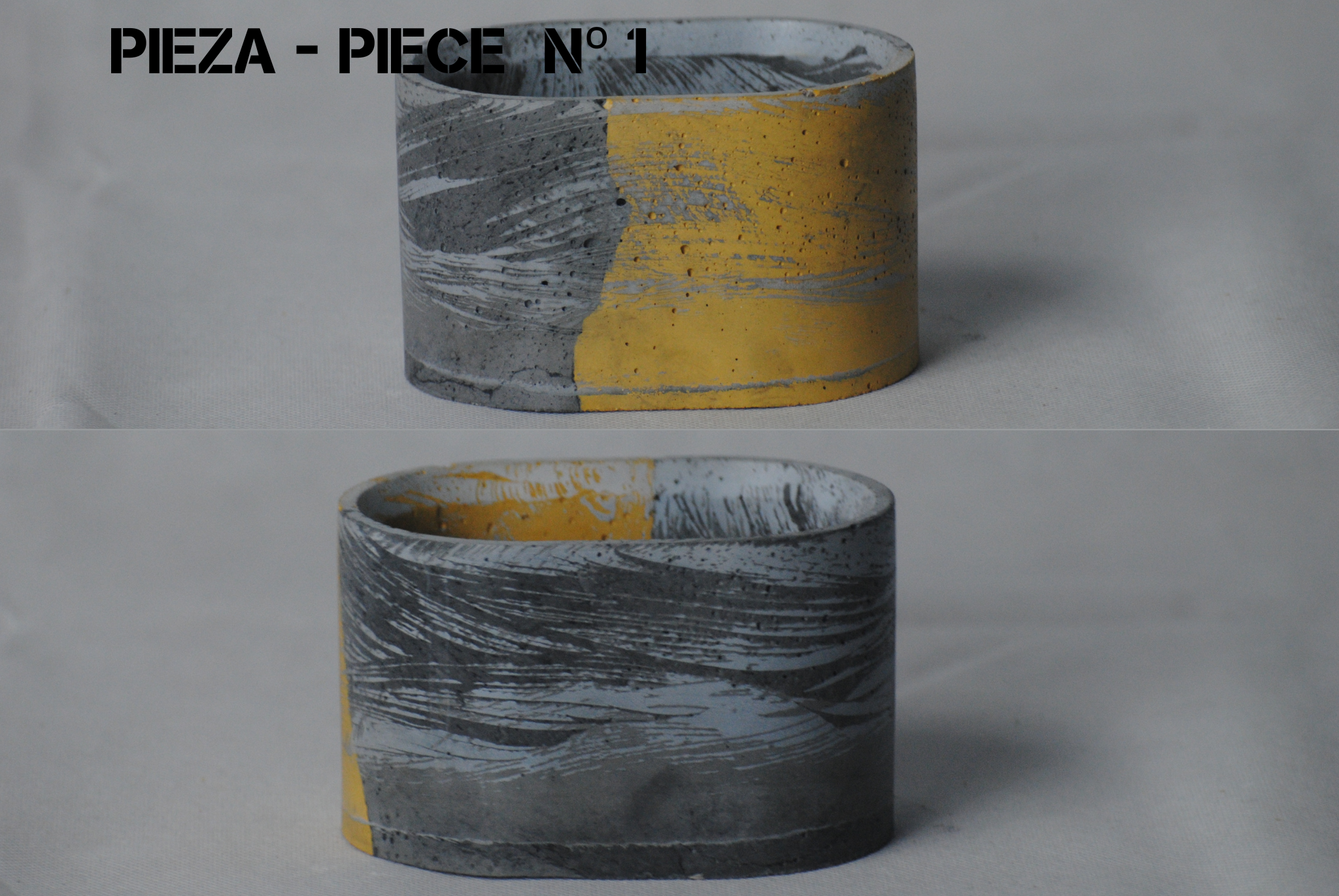arisco® tienda de Productos de Decoración hechos en cemento. Joyero Vintage, Pieza Decoración forma Elipse con Tapa hecho en Cemento color Amarillo y Negro. Vintage Duo Pieza 1