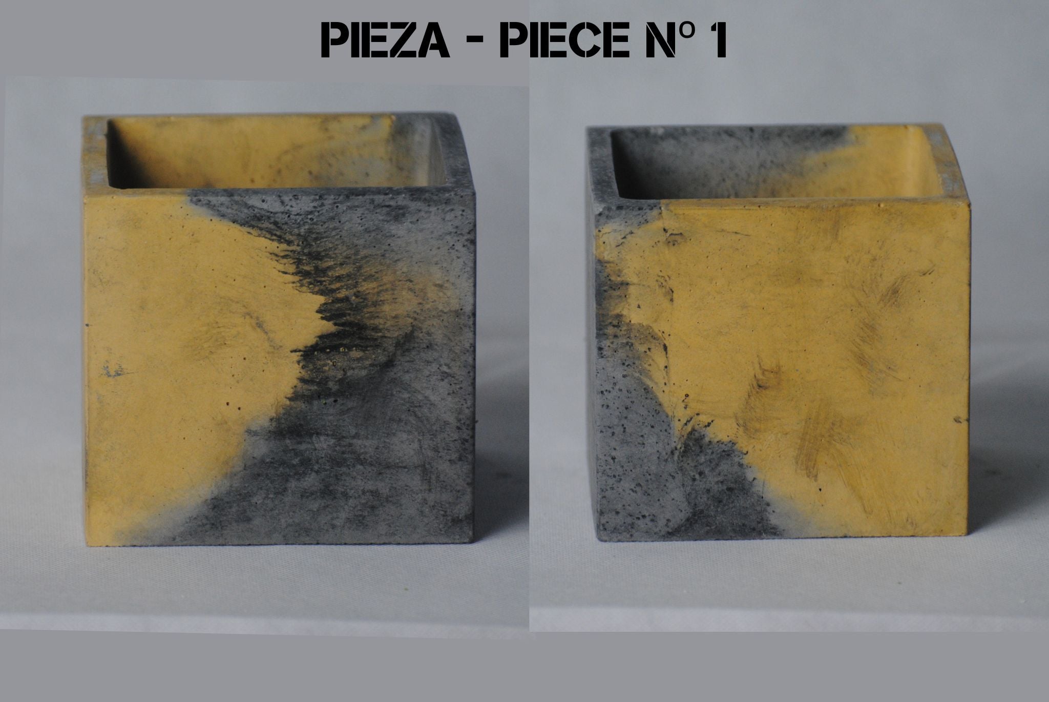 arisco® tienda de Productos de Decoración hechos en cemento. Cubre Macetas Vintage, Pieza decoración Cuadrada de cemento color Amarillo y Negro. Vintage Duo Pieza 1