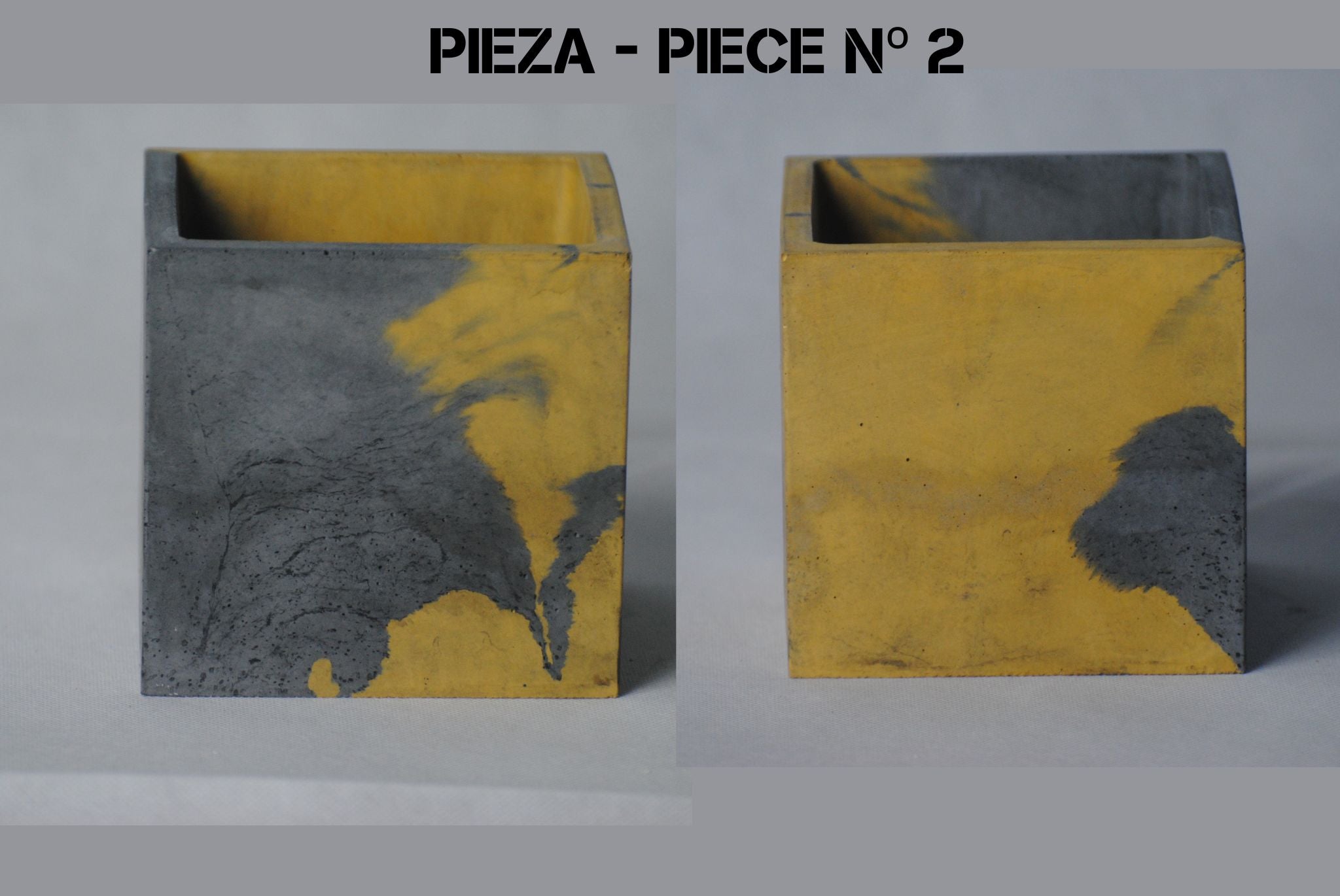 arisco® tienda de Productos de Decoración hechos en cemento. Cubre Macetas Vintage, Pieza decoración Cuadrada de cemento color Amarillo y Negro. Vintage Duo Pieza 2