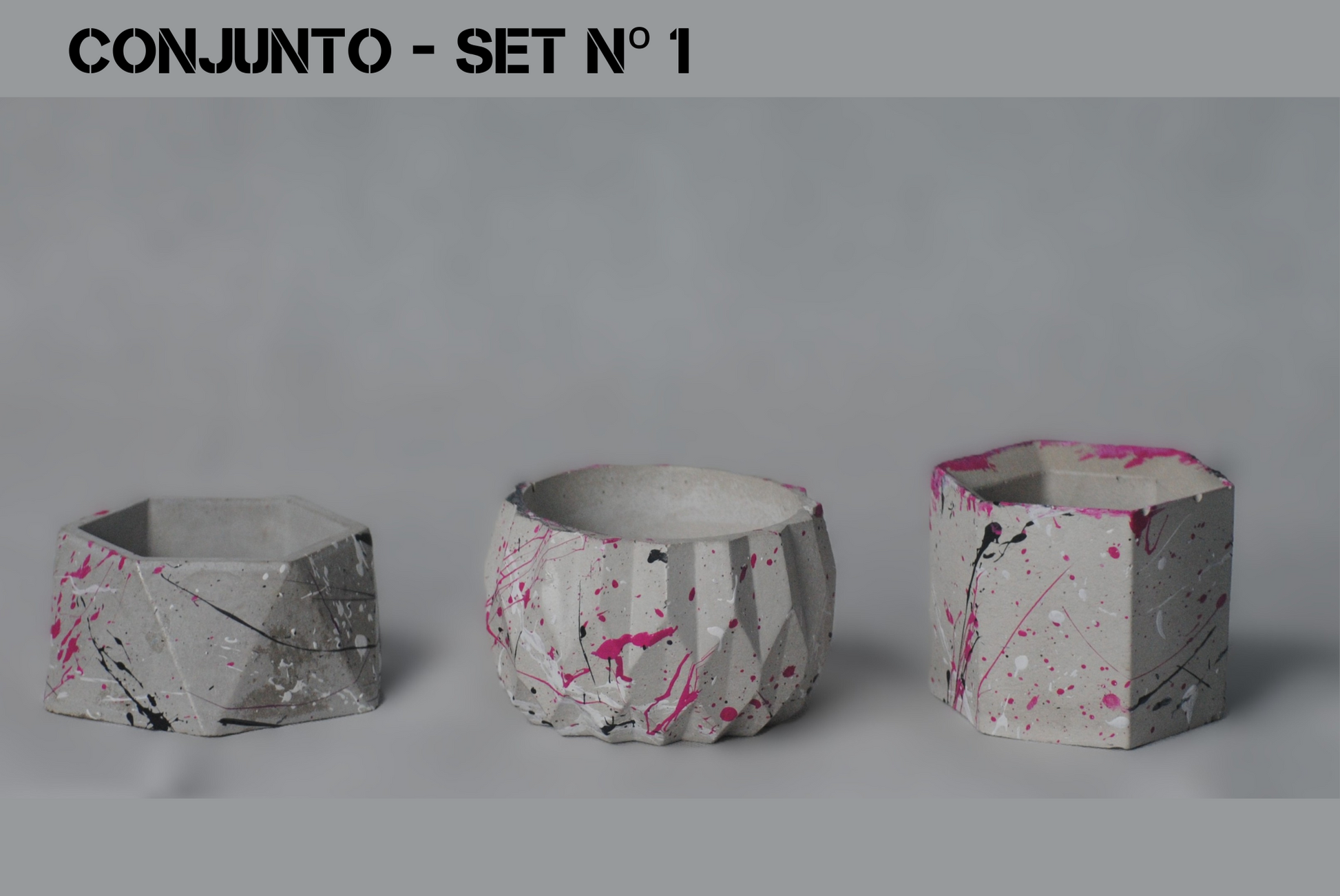 arisco® tienda de Productos de Decoración hechos en cemento. Trio de Macetas pequeñas varias formas de cemento. Colección Splash Pink. Splash Pink Conjunto 1
