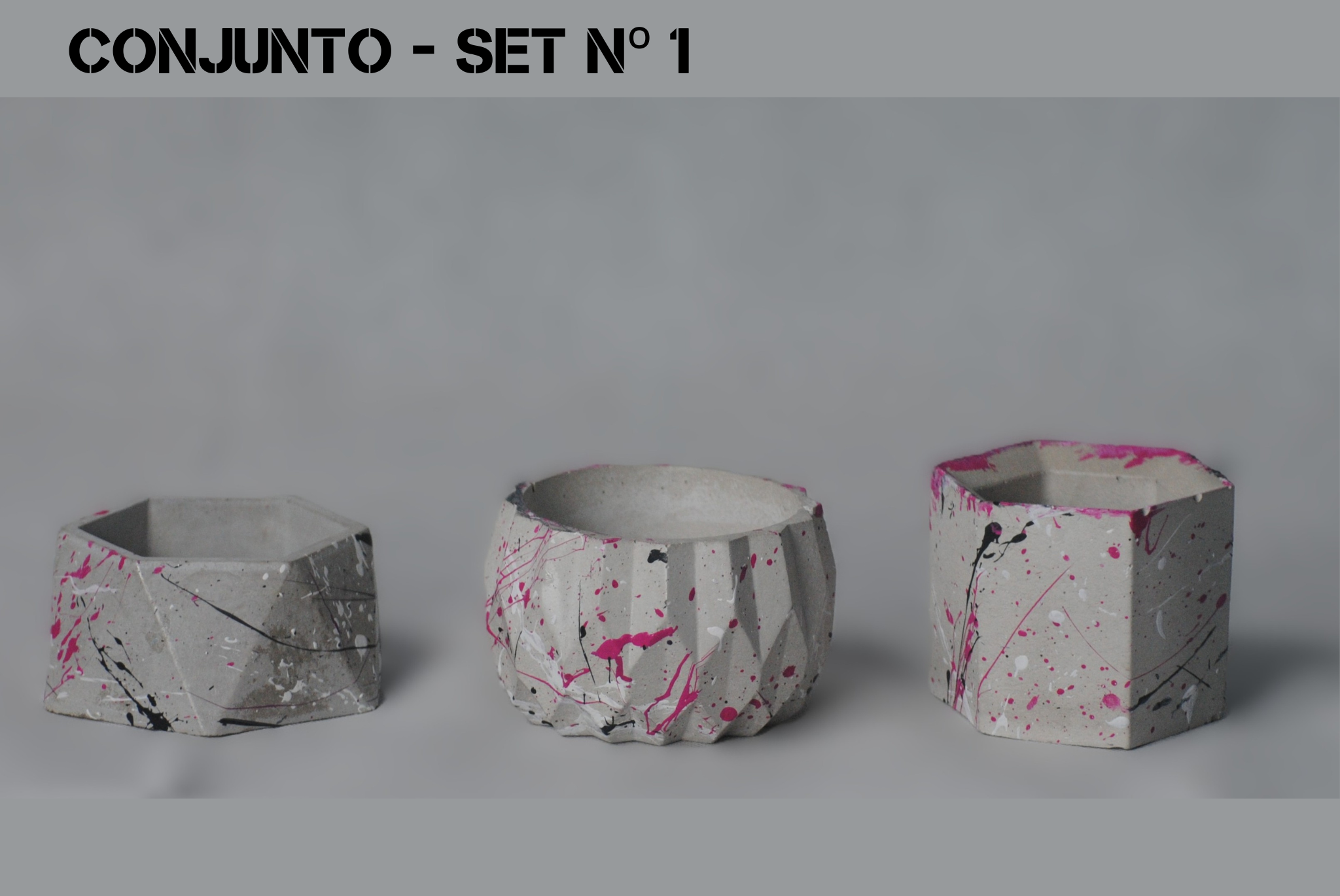 arisco® tienda de Productos de Decoración hechos en cemento. Trio de Macetas pequeñas varias formas de cemento. Colección Splash Pink. Splash Pink Conjunto 1