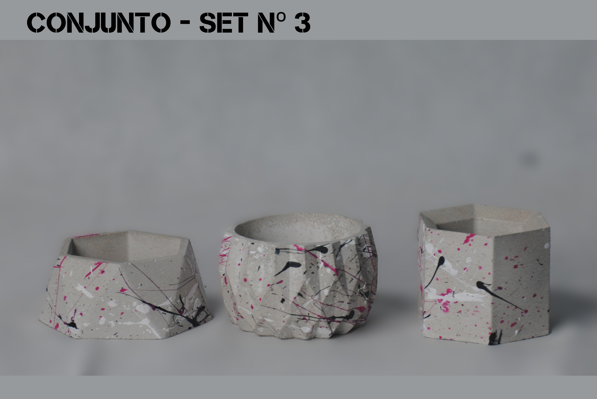 arisco® tienda de Productos de Decoración hechos en cemento. Trio de Macetas pequeñas varias formas de cemento. Colección Splash Pink. Splash Pink Conjunto 3