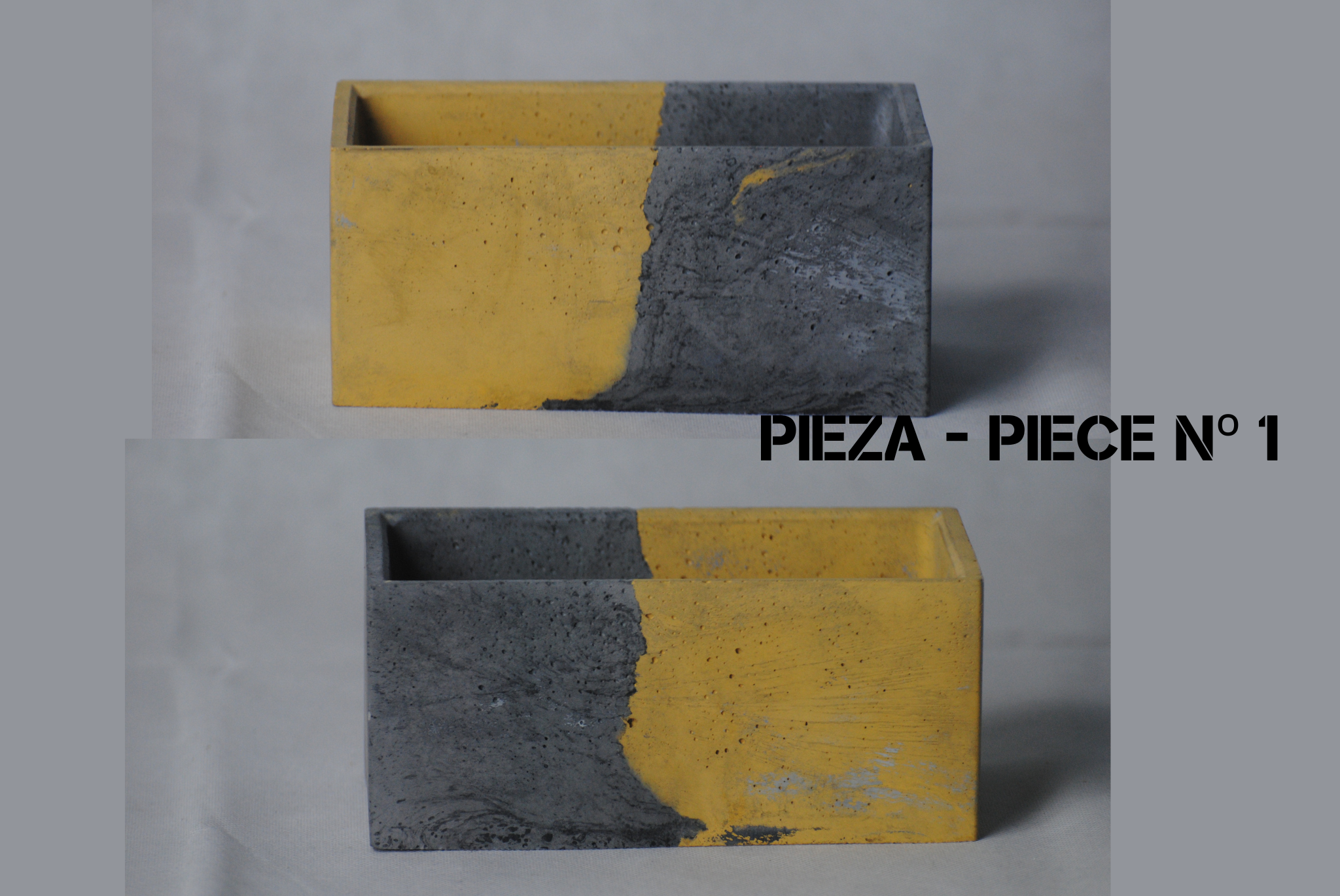 arisco® tienda de Productos de Decoración hechos en cemento. Cubre Macetas Vintage, Pieza decoración Rectangular de Cemento color Amarillo y Negro. Vintage Duo Pieza 1