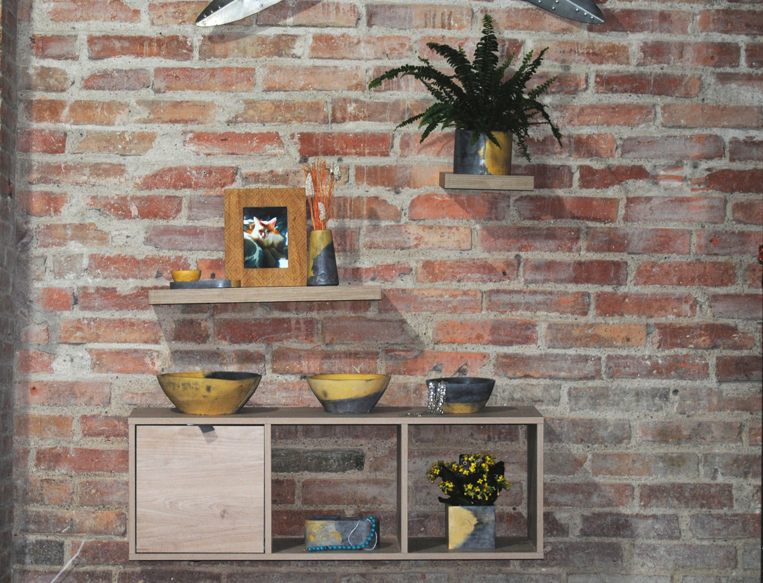 arisco® tienda de Productos de Decoración hechos en cemento. Joyero Vintage, Pieza decoración forma elipse de cemento color Amarillo y Negro.